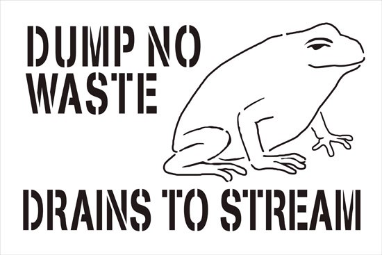 Image of Stencil Containing Outline of Frog and Text: "Dump No Waste: Drains To Stream" 