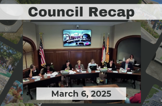 Council Recap graphic, showing City Council members sitting at dias. 