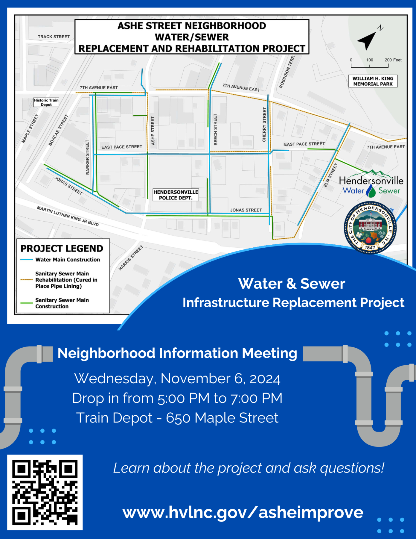 flyer for water and sewer project meeting with map