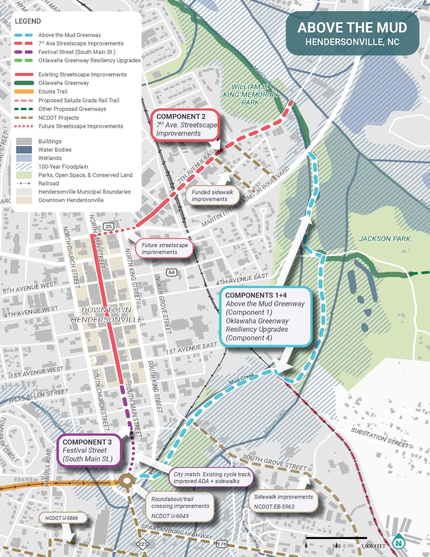 Map of the Above the Mud Project showing South Main, Above the Mud Trail, Oklawaha improvements and 7th Avenue