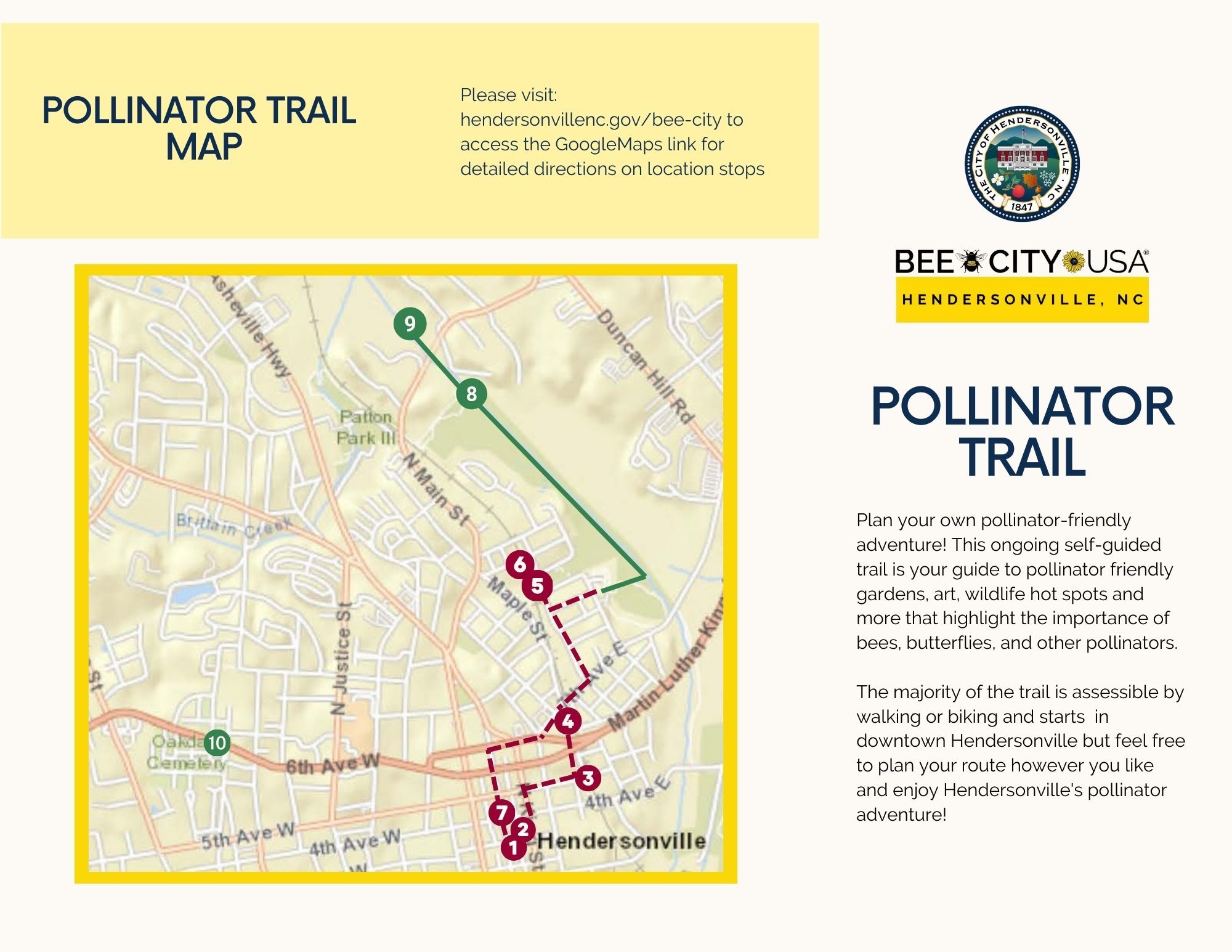 Pollinator Trail map is depicted that shows locations and activities to visit relating to pollinators