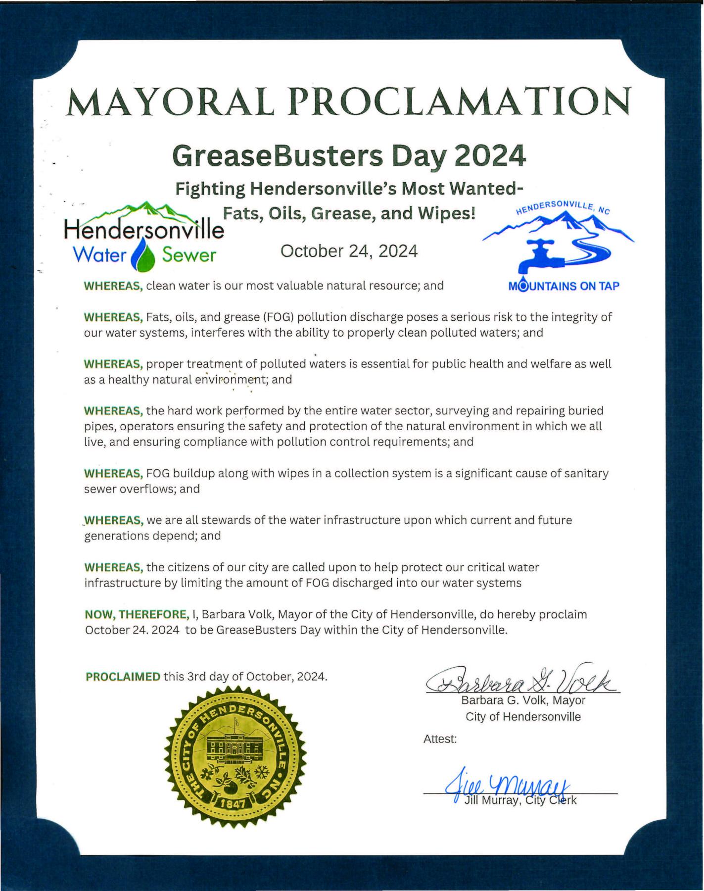 Mayoral Proclamation for Greasebusters Day 2024